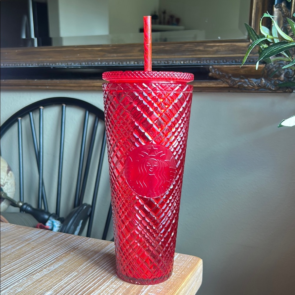 NEW Starbucks 2021 Holiday Red Jeweled Tumbler, Textured Diamond Design.